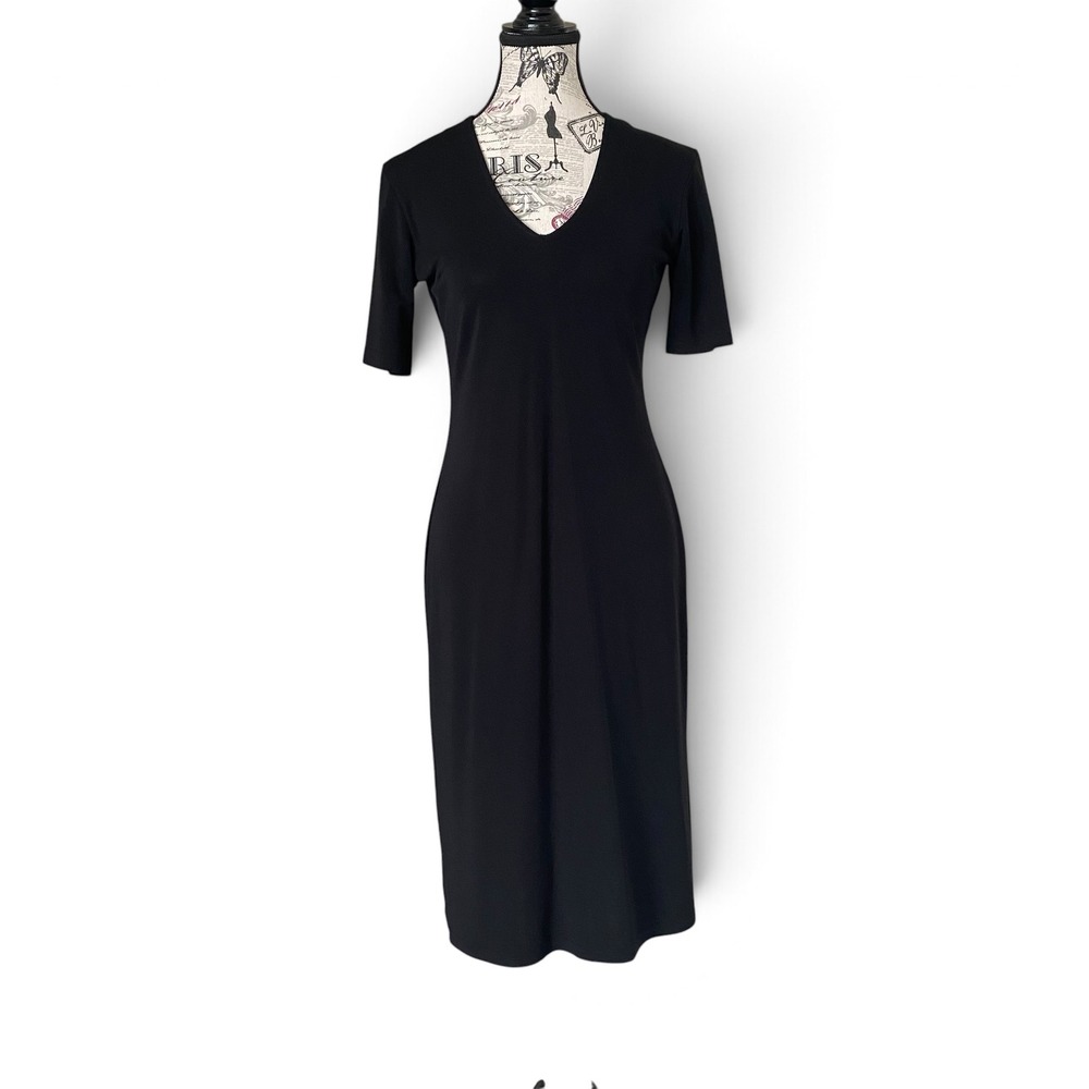 VTG Gap Midi Dress Women S Black V-Neck Short Sleeve Rayon Blend Minimalist LBD